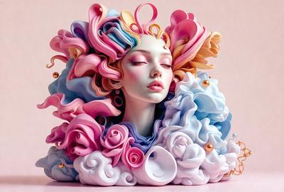 The primary subject of the image is a sculpture of a woman with a flowery headpiece. The setting is a pink background, and the visual style is a combination of digital art and illustration. The sculpture is adorned with a variety of colors, including pink, blue, and white, creating a vibrant and lively atmosphere.